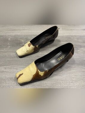 RODO Firenze Pony Hair Square Toe Wedge Size 8-8.5 38.5 Brown Cream Animal Print